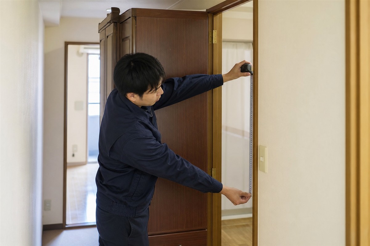 大型家具を無理に動かさず搬出経路を測る日本人女性