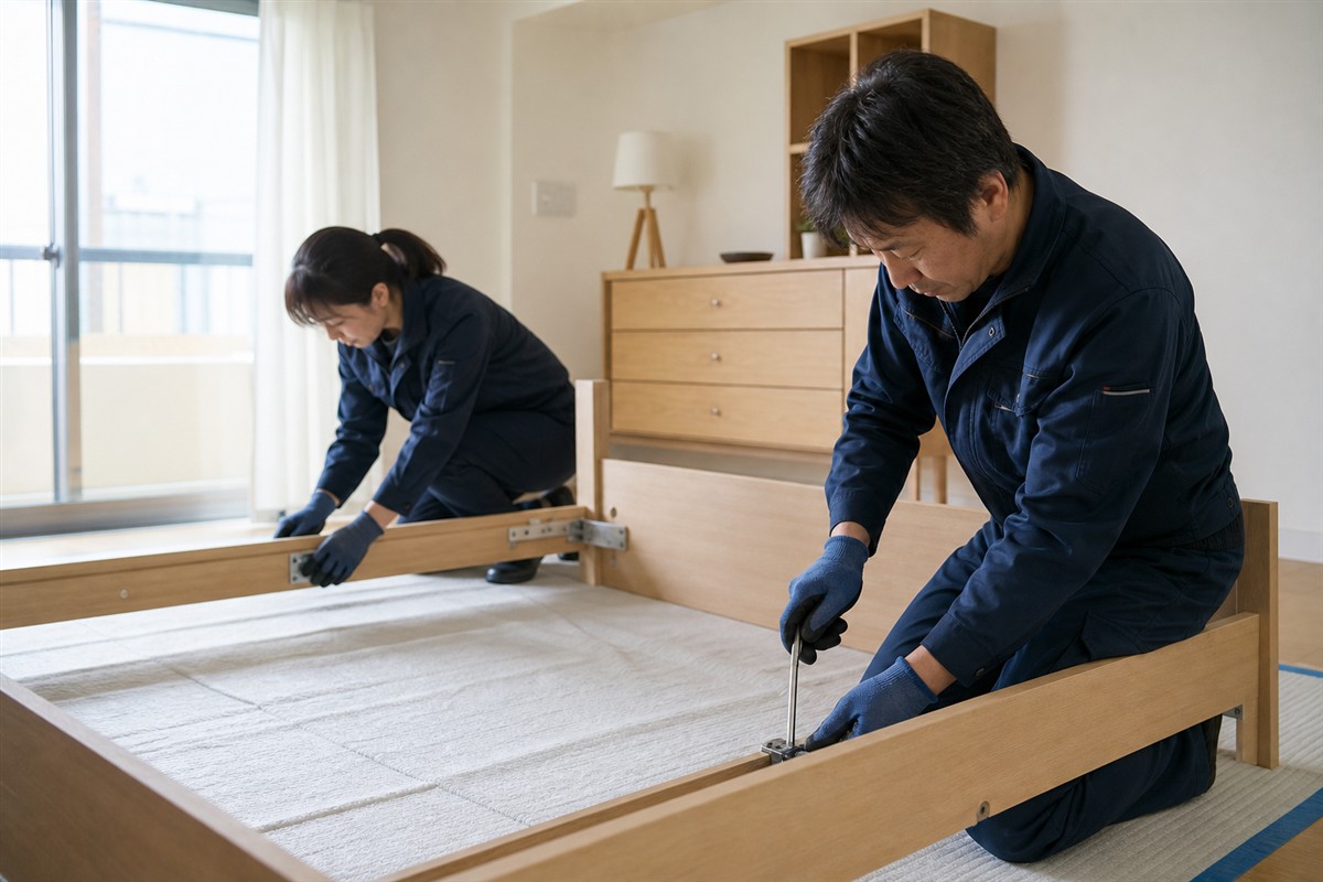 床を養生して大型ベッドを安全に解体する日本人スタッフ
