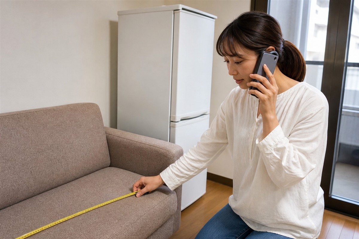 粗大ごみの搬出について電話相談する日本人女性