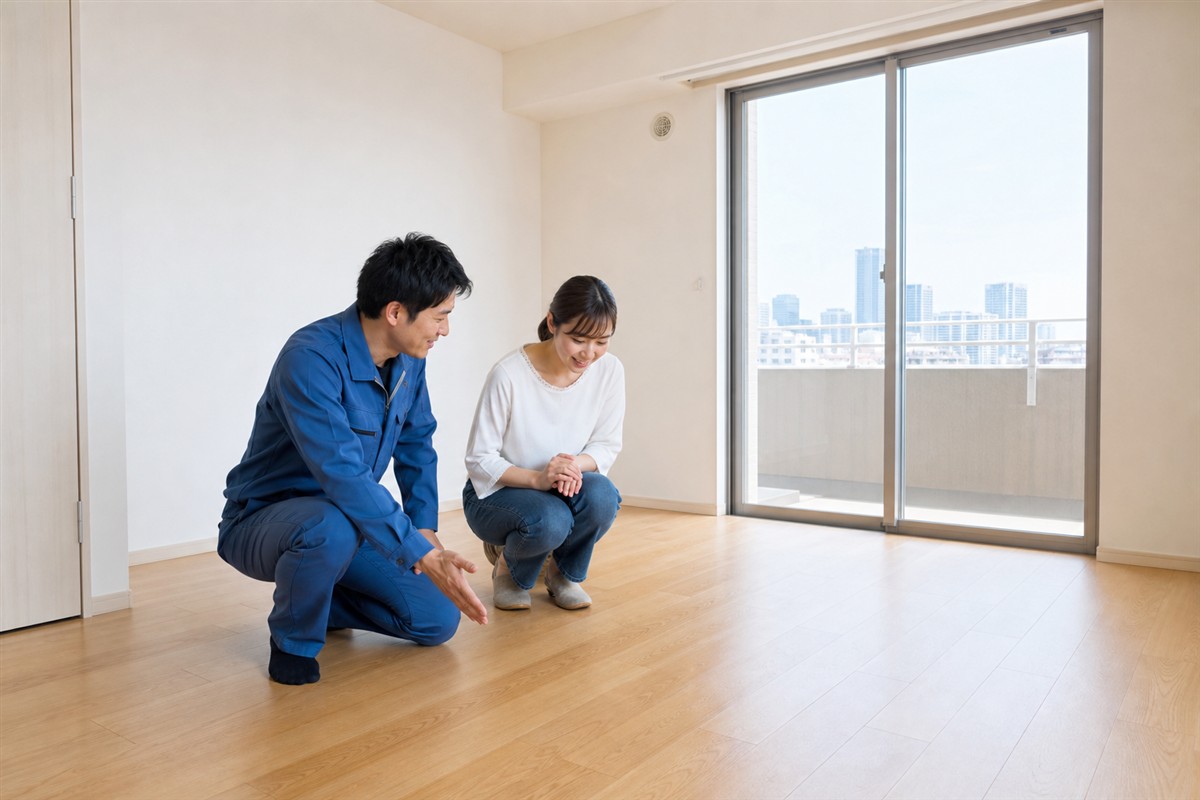 粗大ごみ搬出後の室内を確認する日本人利用者とスタッフ