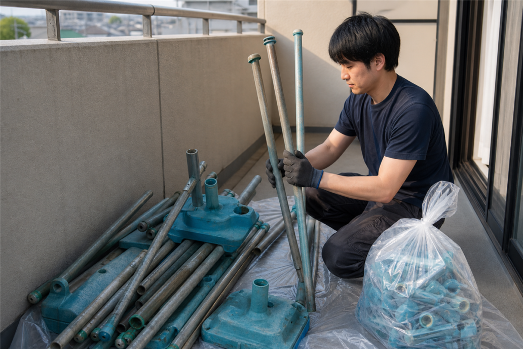 大阪市のベランダに残った物干し竿と台、重りを分けて処分する