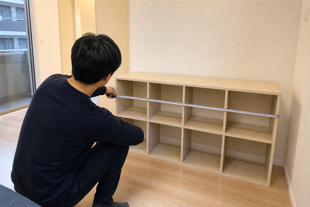 カラーボックスの最長辺を測る様子