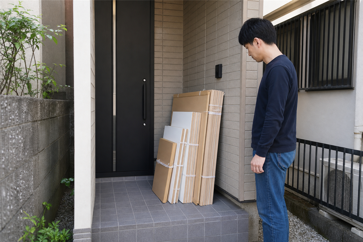 カラーボックス部材を収集場所へ準備する様子