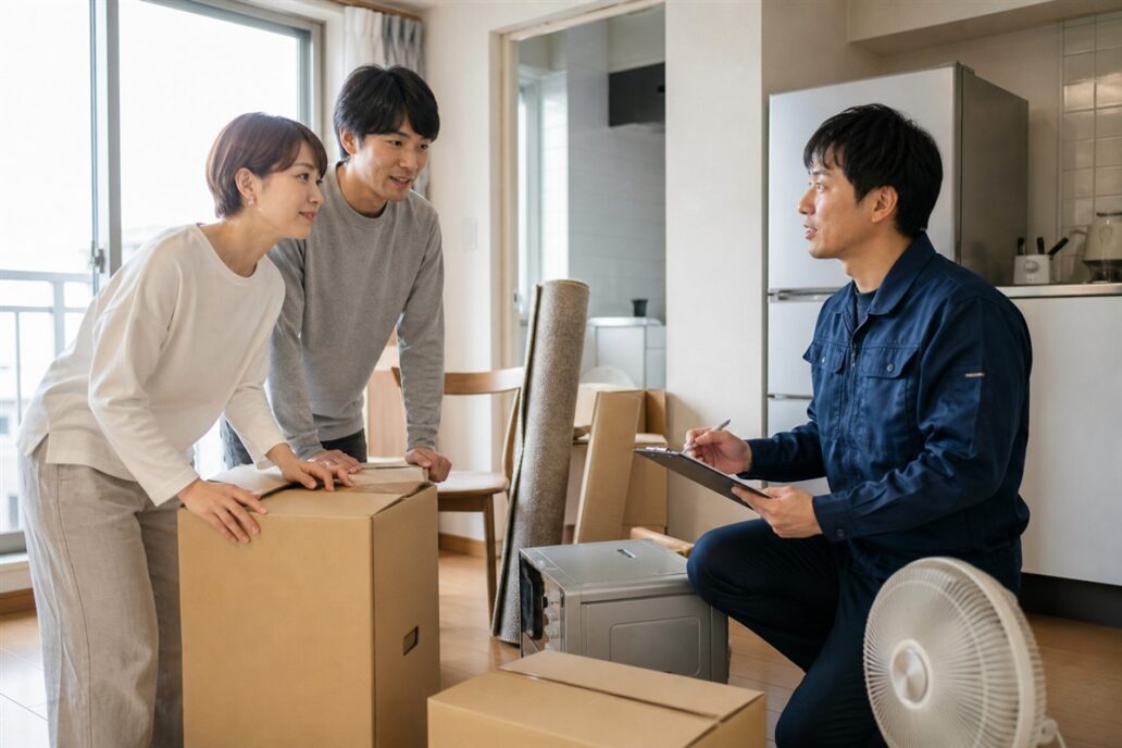 大阪で引越し前の不用品処分を相談する日本人夫婦