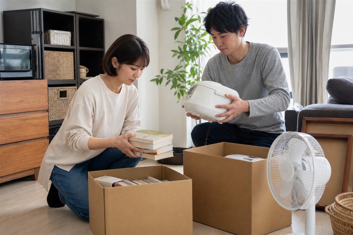 引越し前に買取品と回収品を仕分ける日本人夫婦