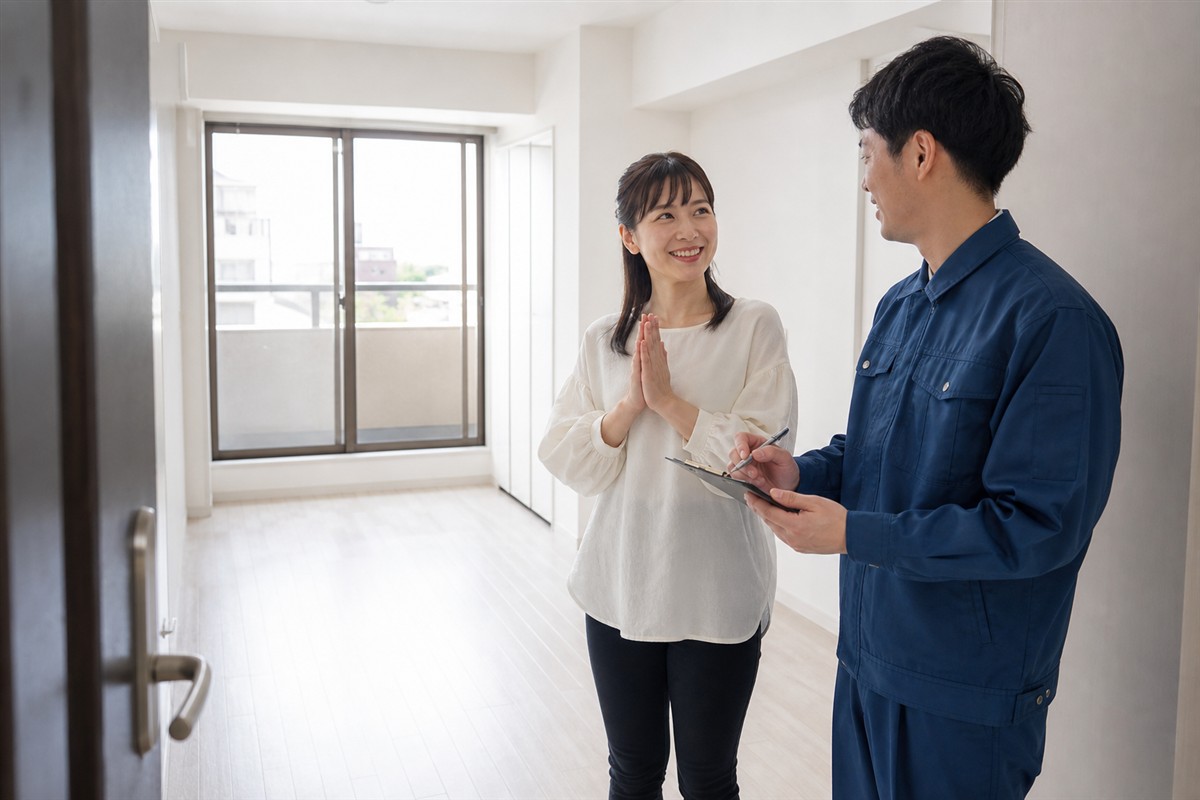 不用品の搬出が終わった大阪の賃貸住宅を確認する様子