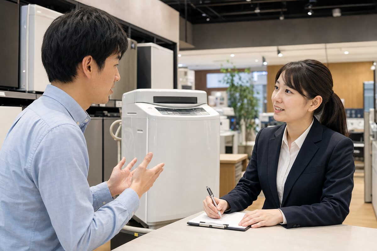 大阪で洗濯機の家電リサイクル方法を販売店へ相談する日本人