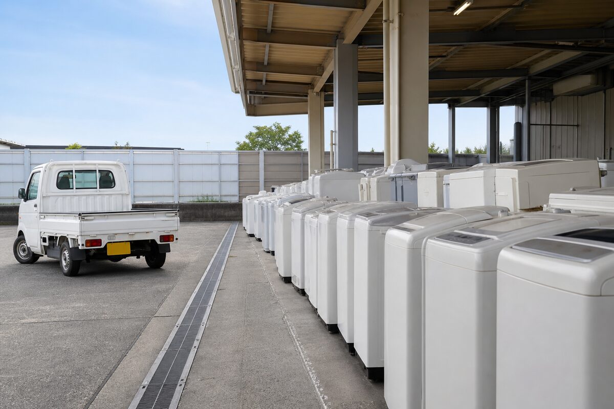 大阪の指定引取場所で家電リサイクルを待つ洗濯機