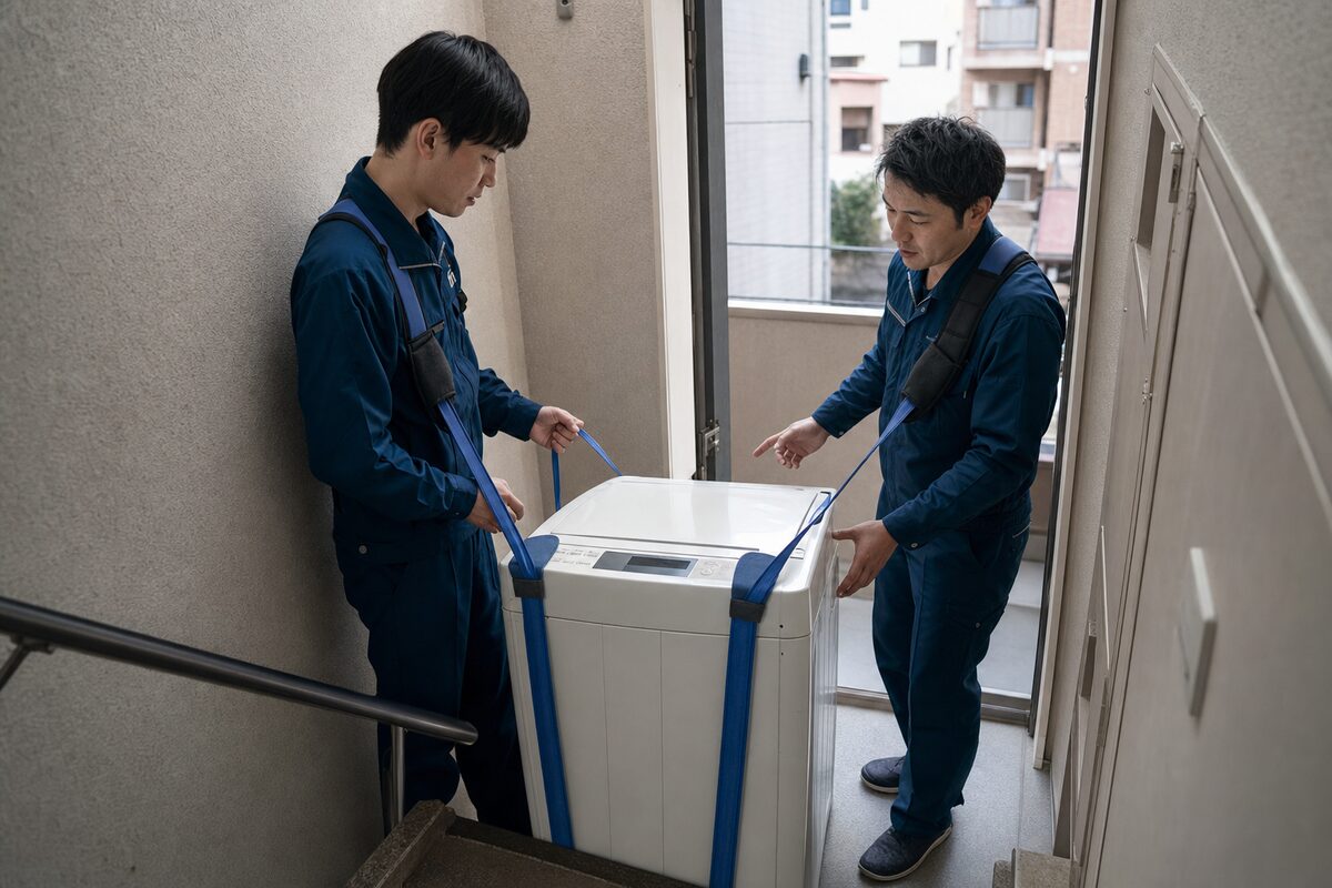大阪の集合住宅で洗濯機の階段搬出を確認する日本人スタッフ