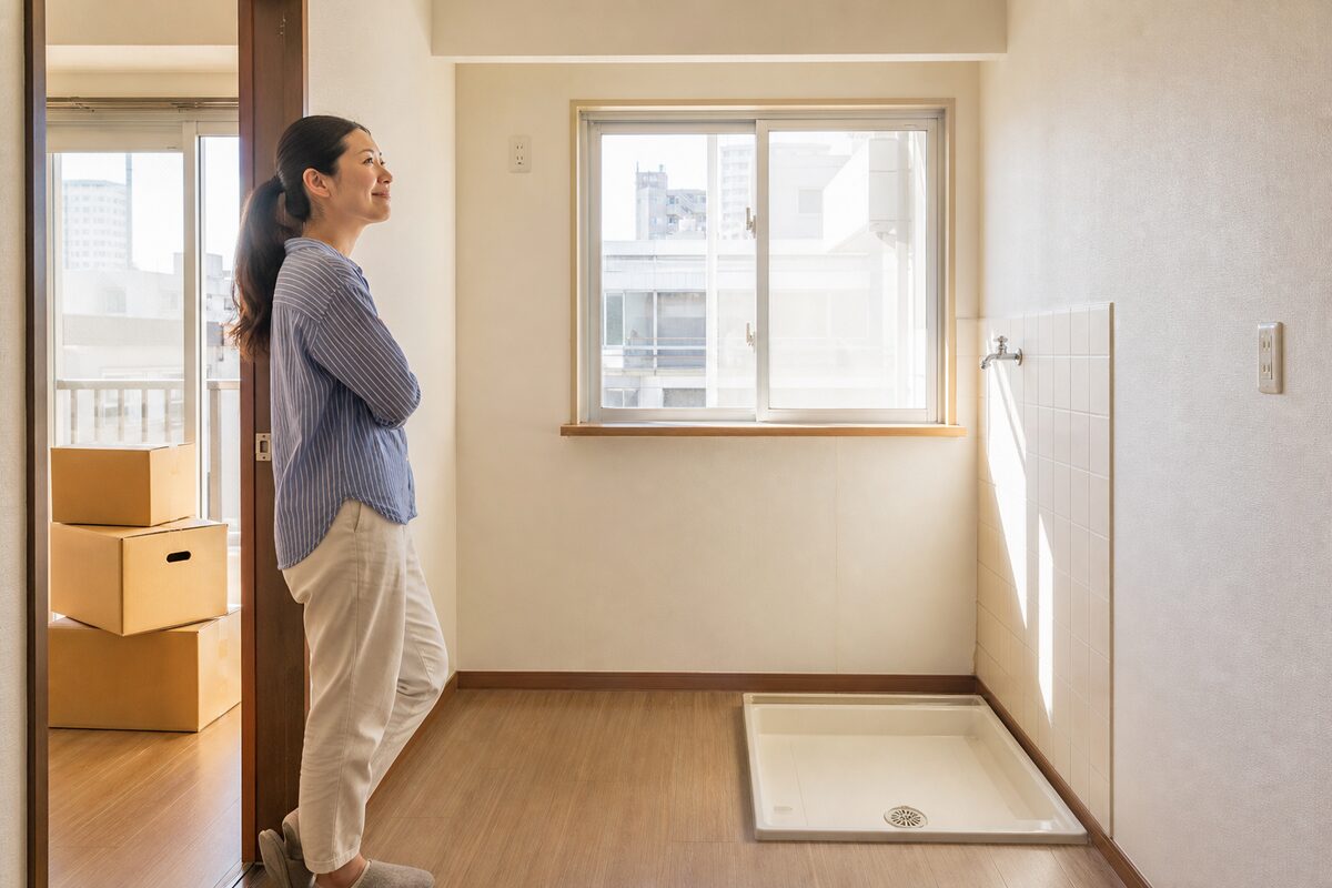 古い洗濯機の搬出が終わった大阪の住居