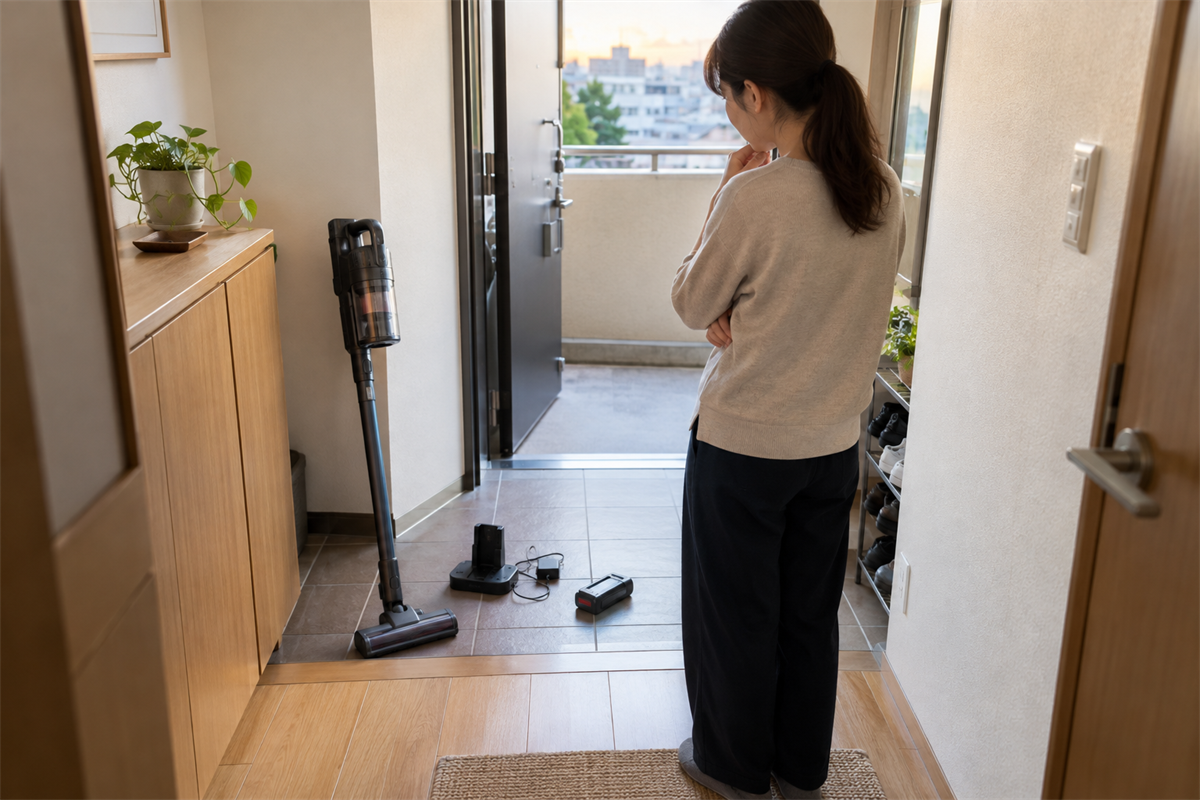 コードレス掃除機本体とバッテリー、充電器を分けて確認する様子