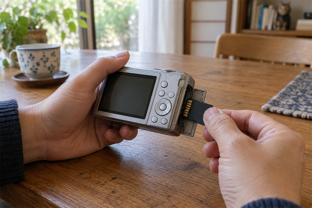 古いデジタルカメラからSDカードを抜いている手元