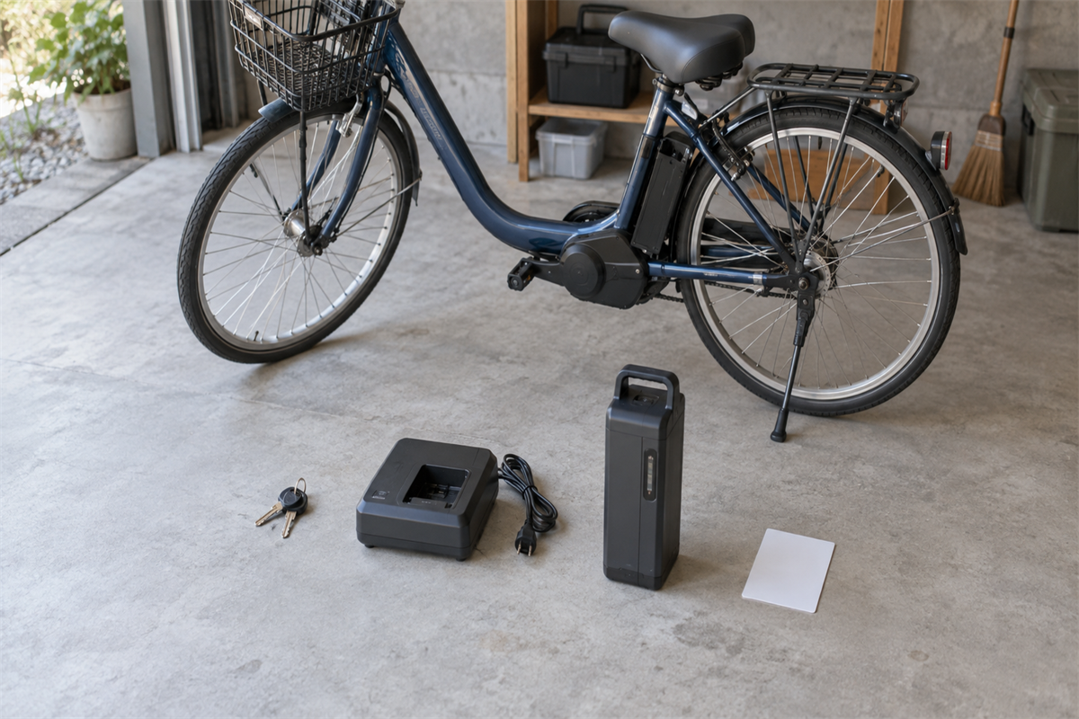 電動アシスト自転車の車体、鍵、充電器、取り外し式バッテリーを分けた様子