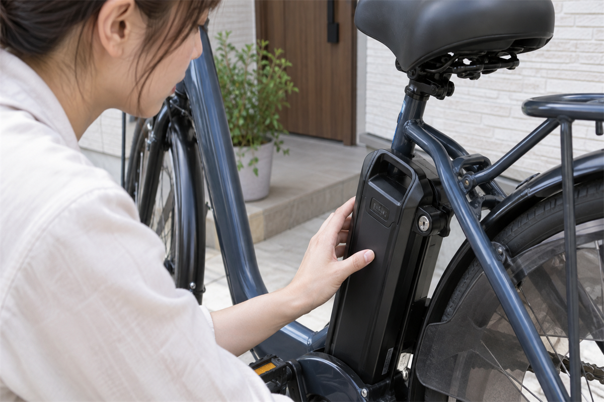 電動アシスト自転車のバッテリー取付部を目視確認する手元