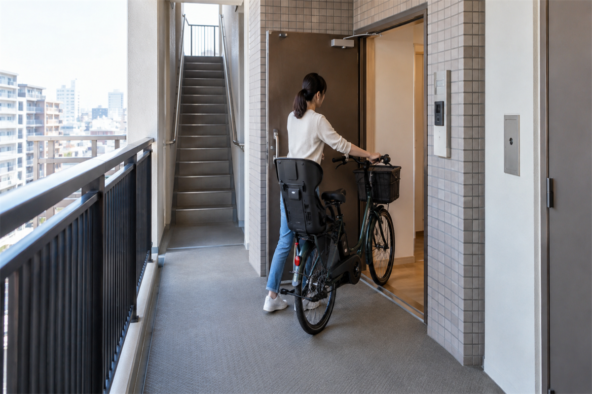 集合住宅で電動アシスト自転車の搬出経路を確認する様子