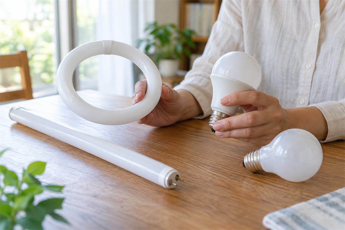 直管型・環型・電球型の蛍光灯とLED電球を見比べる手元