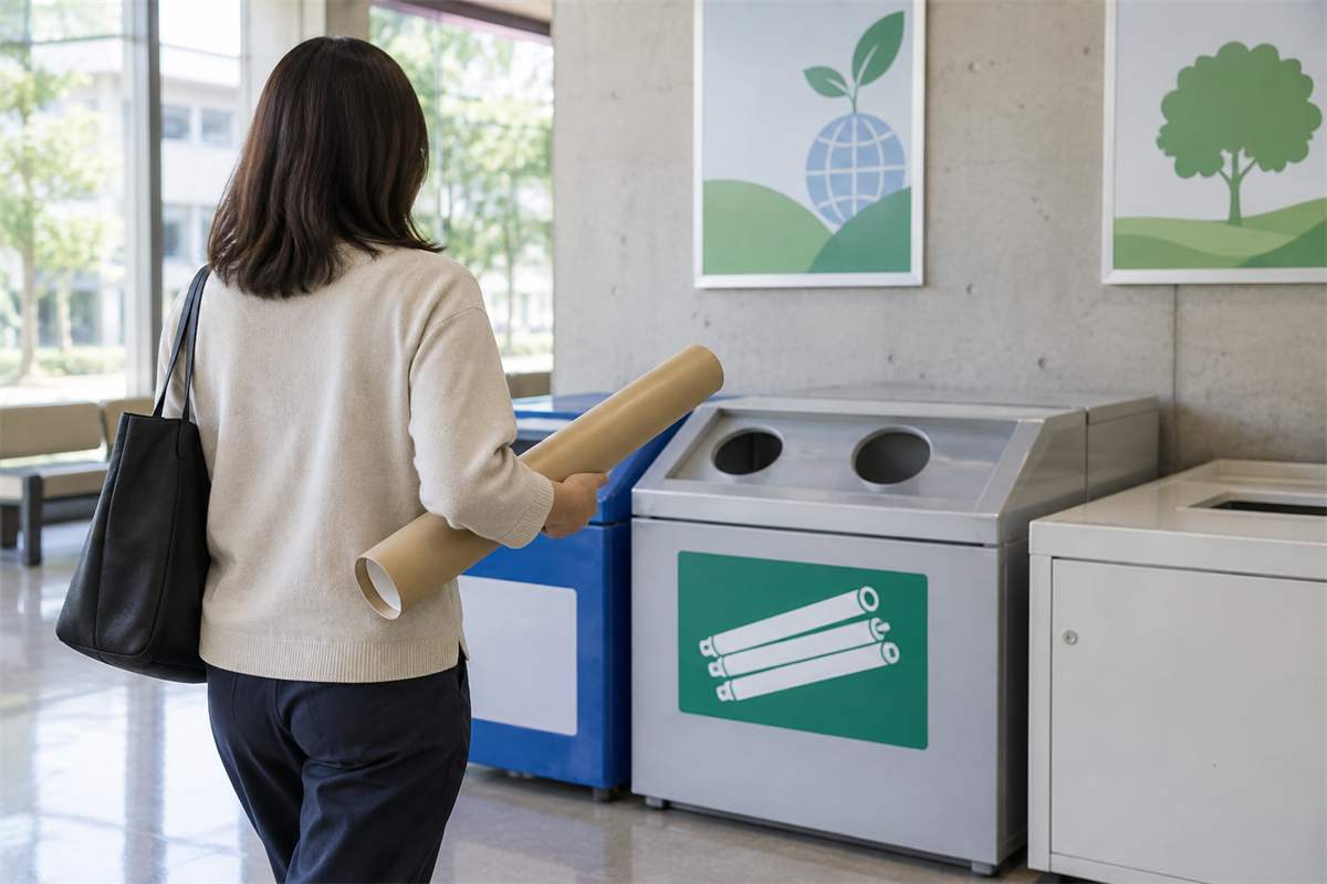 紙筒に入れた割れていない蛍光灯管を回収場所へ運ぶ様子