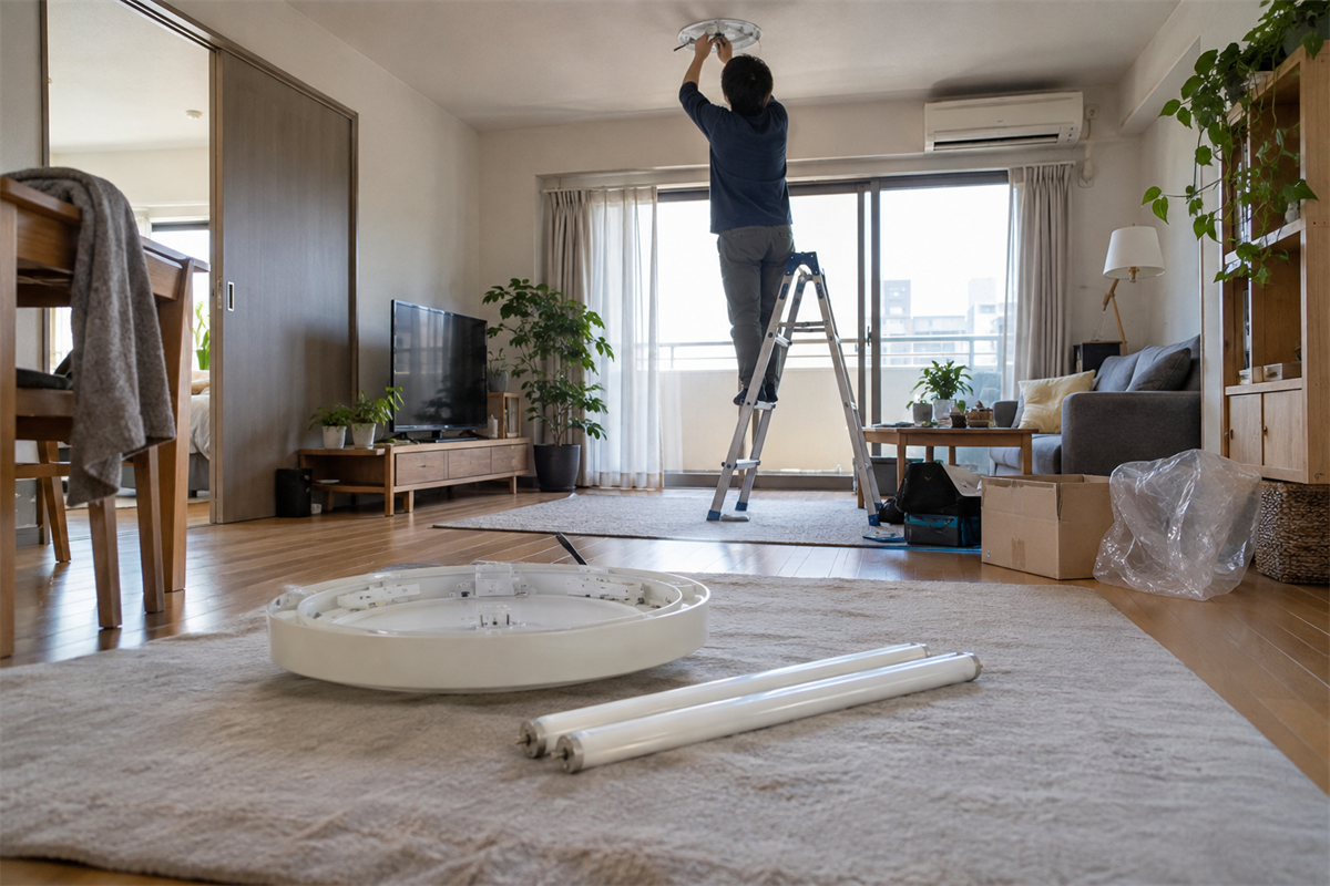 蛍光灯管と取り外した照明器具本体を分けて置いた室内