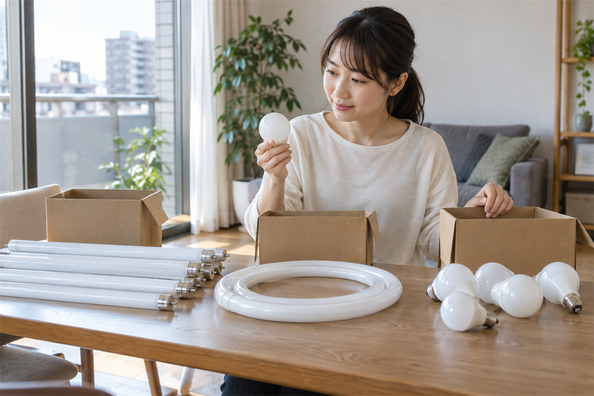 家庭で直管型・環型・電球型の照明を分けて確認する様子