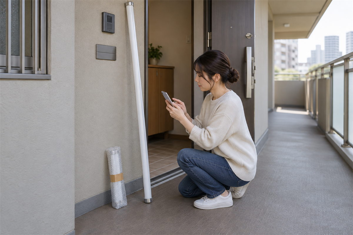長い蛍光灯管を玄関に置いて訪問回収を相談する住人