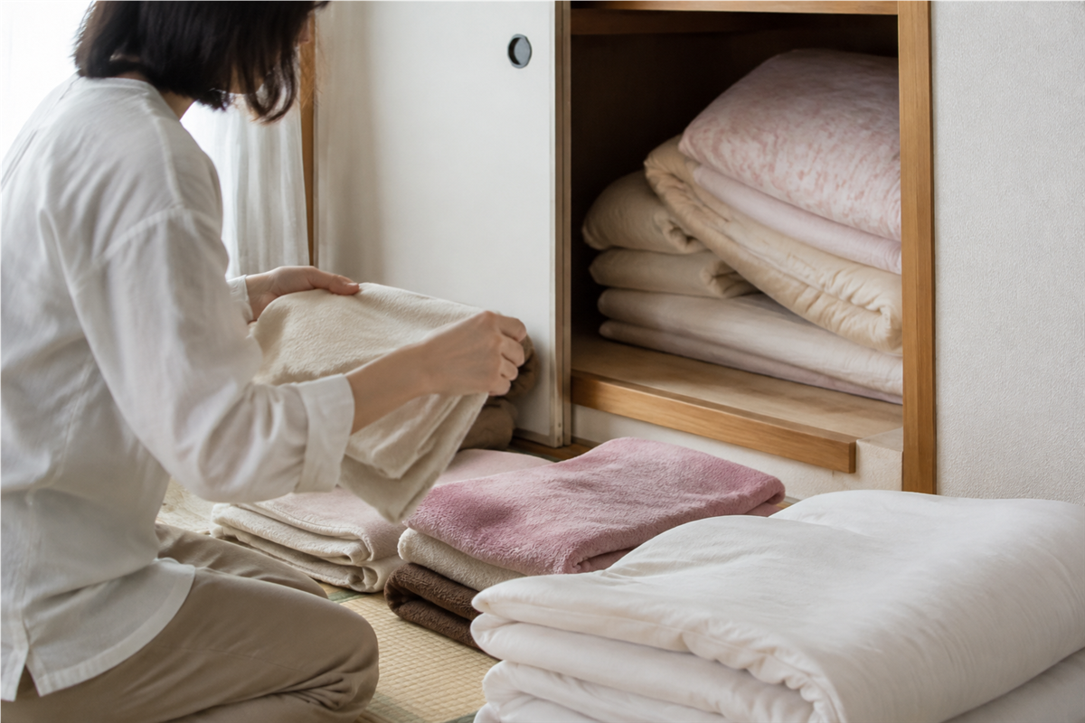 布団と毛布を種類別に分けて枚数を確認する様子