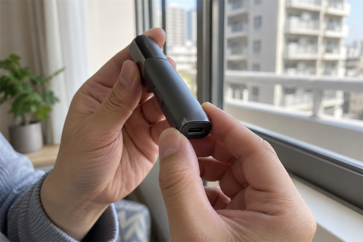加熱式たばこ本体の充電口と外装の変形を確認する手元