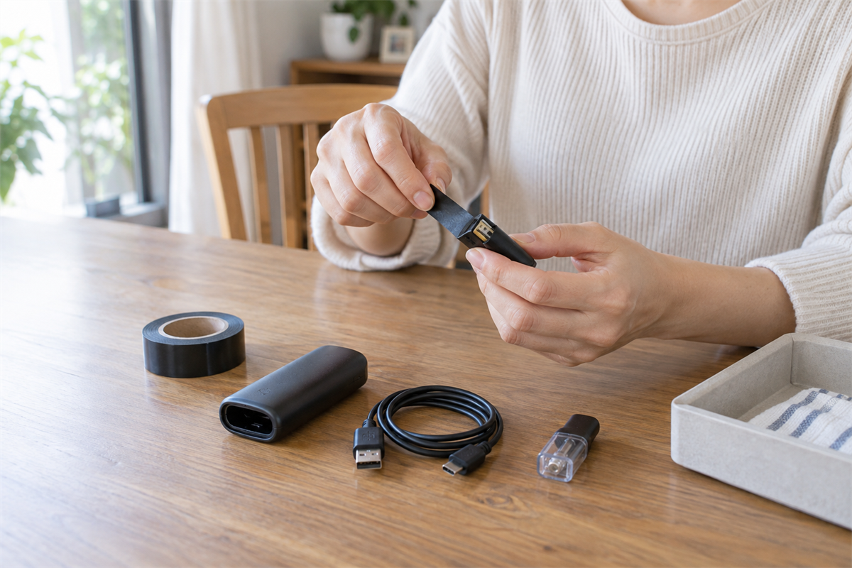 取り外した充電式電池の端子をテープで絶縁し付属品を分ける様子
