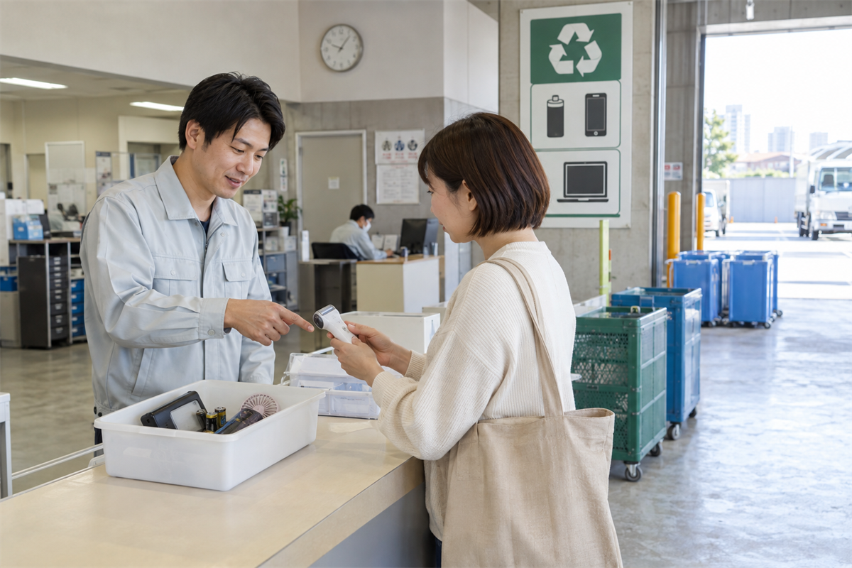 環境事業センターの受付で電池内蔵製品について確認する様子