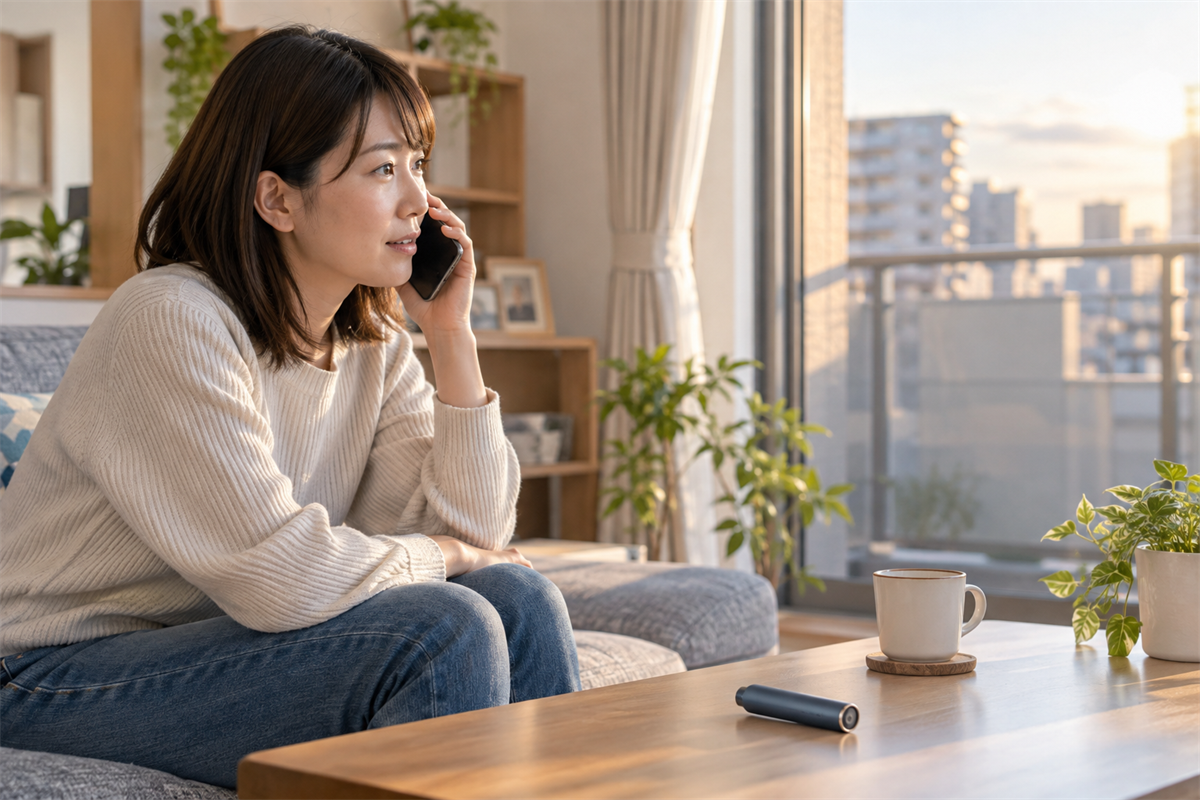 電子たばこの状態を見ながら環境事業センターへ相談する様子