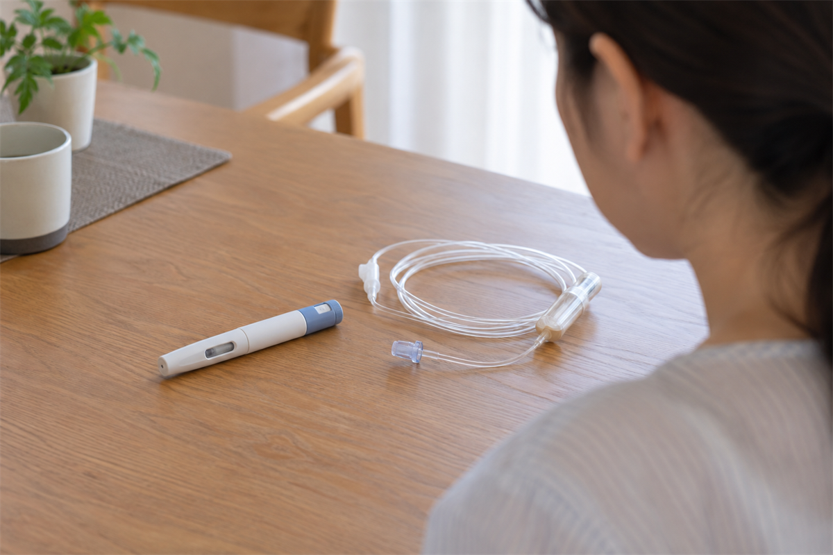 ペン型注射器と輸液チューブの先端を触れずに確認する様子