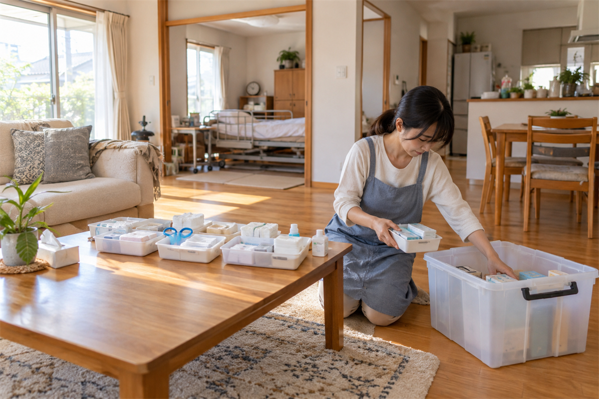 在宅医療の消耗品と大型収納品を分けて片付けている室内