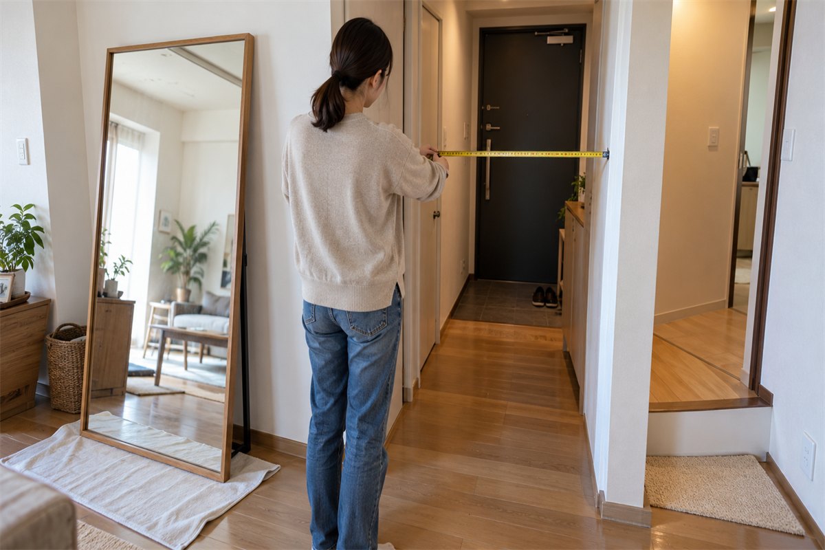姿見を置いたまま玄関までの搬出経路を測る様子