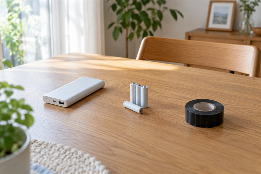 モバイルバッテリーと小型充電式電池、絶縁用テープを並べた処分準備
