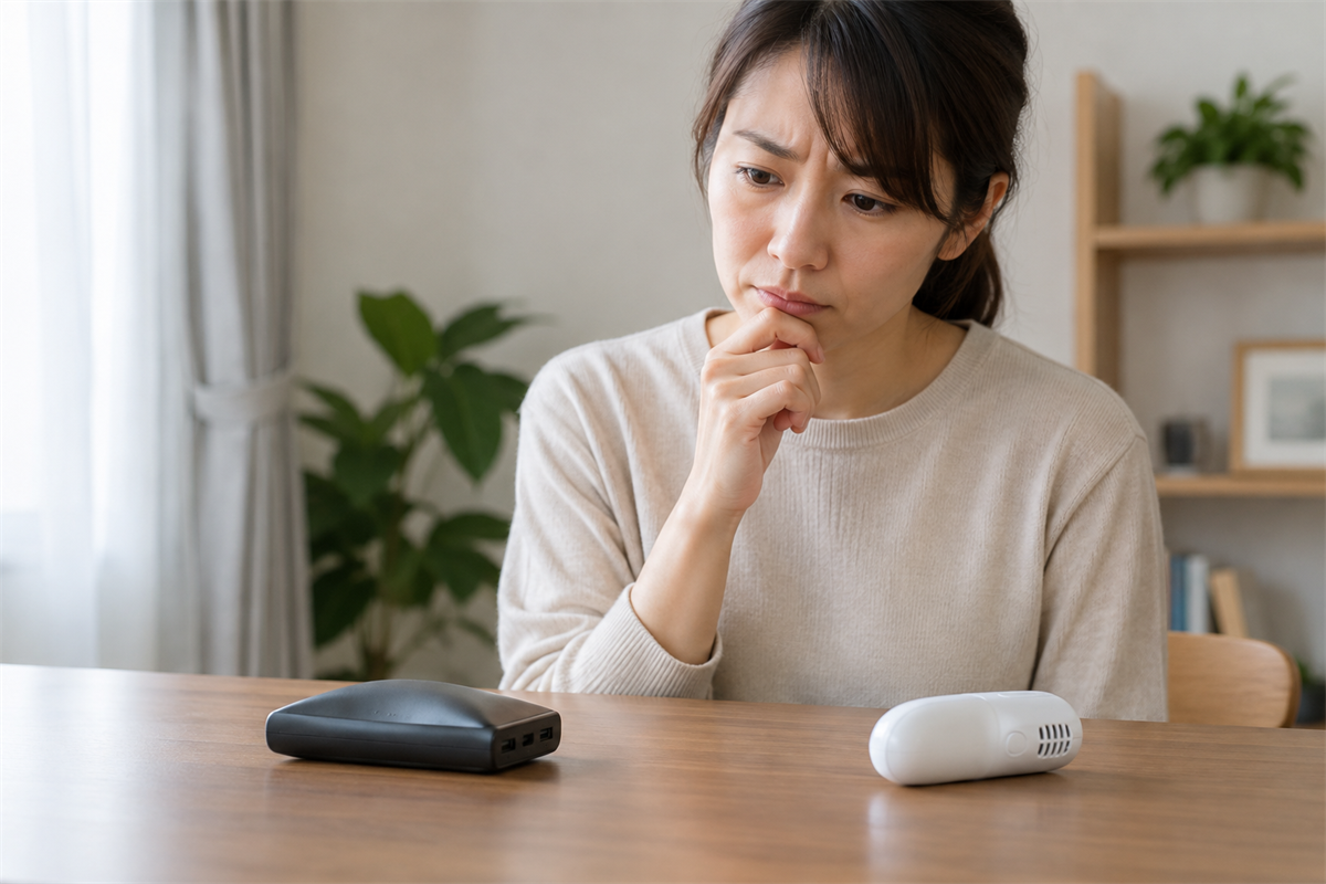 膨張した電池と電池を外せない小型機器を分けて確認する様子