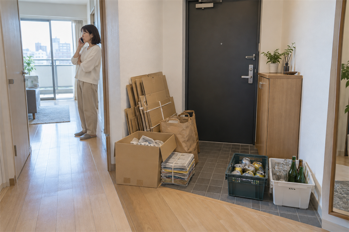 片付け品と中身入りの缶・びんを分けて訪問回収を相談する様子