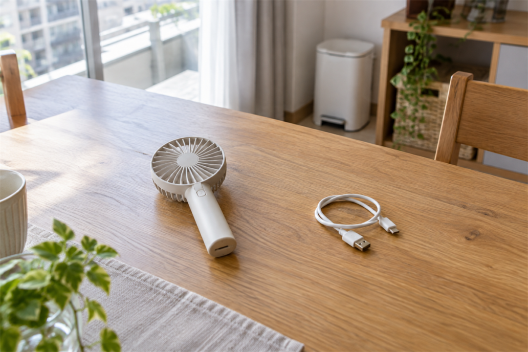 大阪の住まいで充電式ハンディファンの処分前確認をする様子