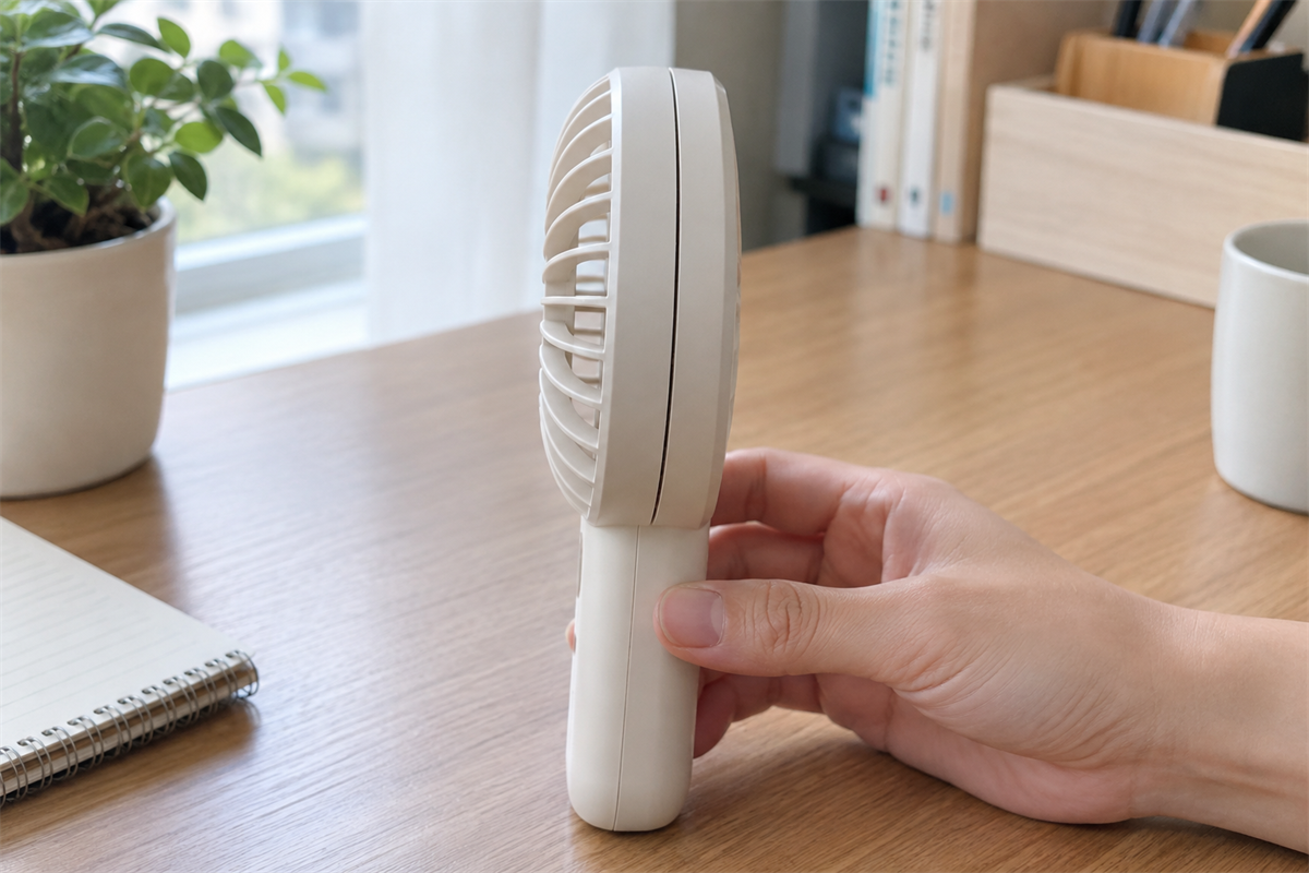 充電式ハンディファンの本体の継ぎ目と膨らみを横から確認する様子