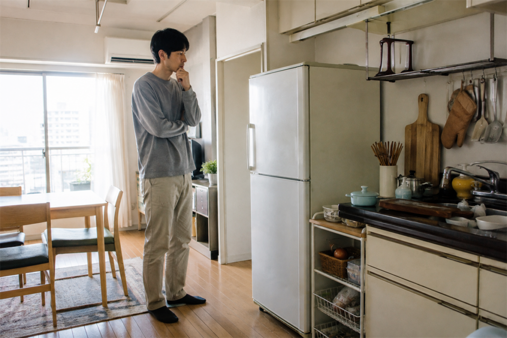 大阪市内のキッチンで古い冷蔵庫の処分方法を考える様子