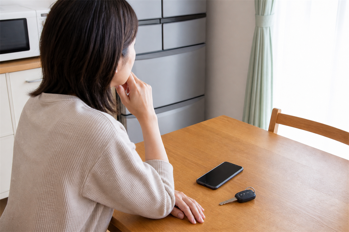 冷蔵庫の回収依頼と持込みを検討するためスマートフォンと車の鍵を並べた場面