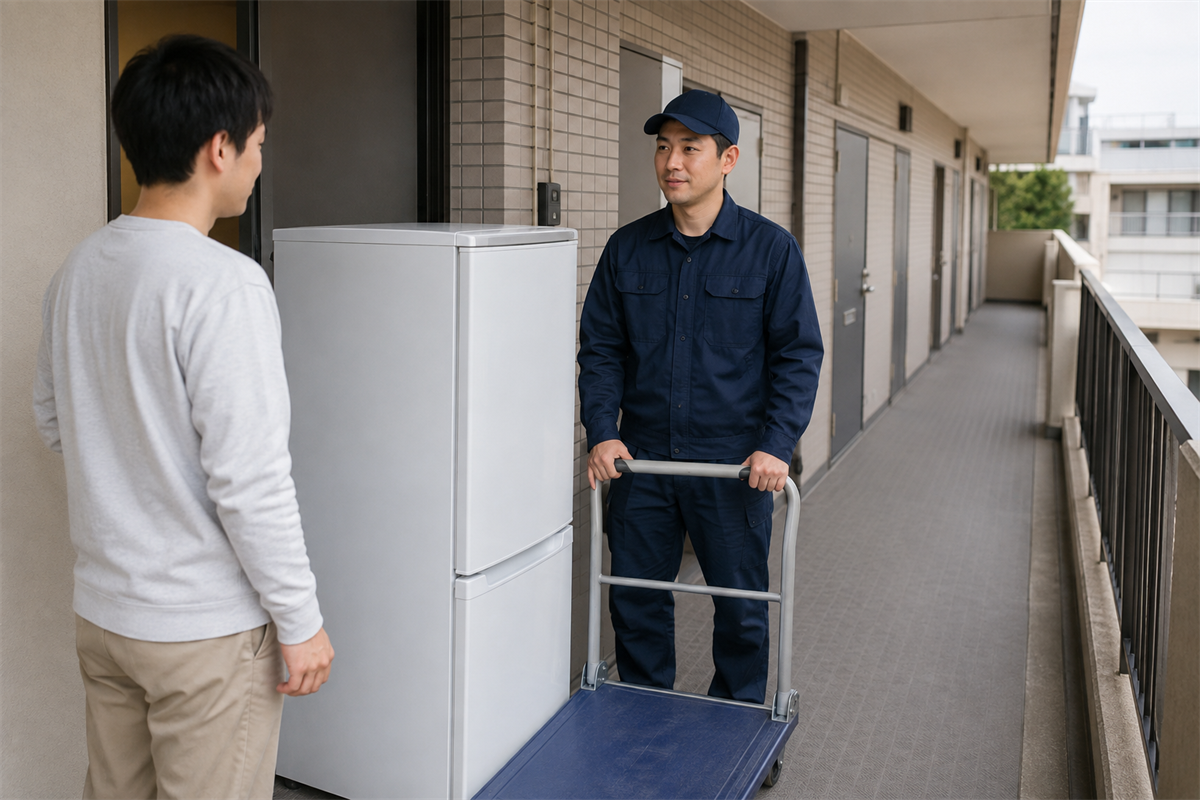 集合住宅の玄関で冷蔵庫の収集運搬を依頼する場面