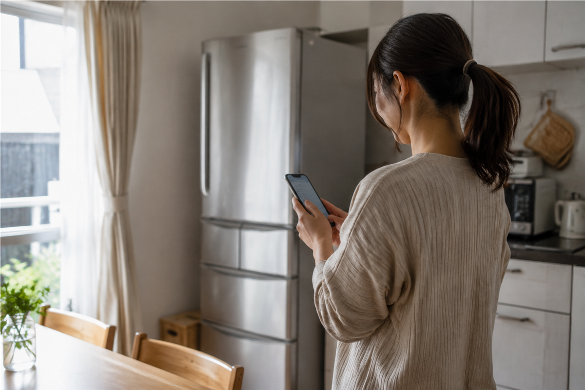 生活空間に置かれた家庭用冷蔵庫とスマートフォンを確認する住人