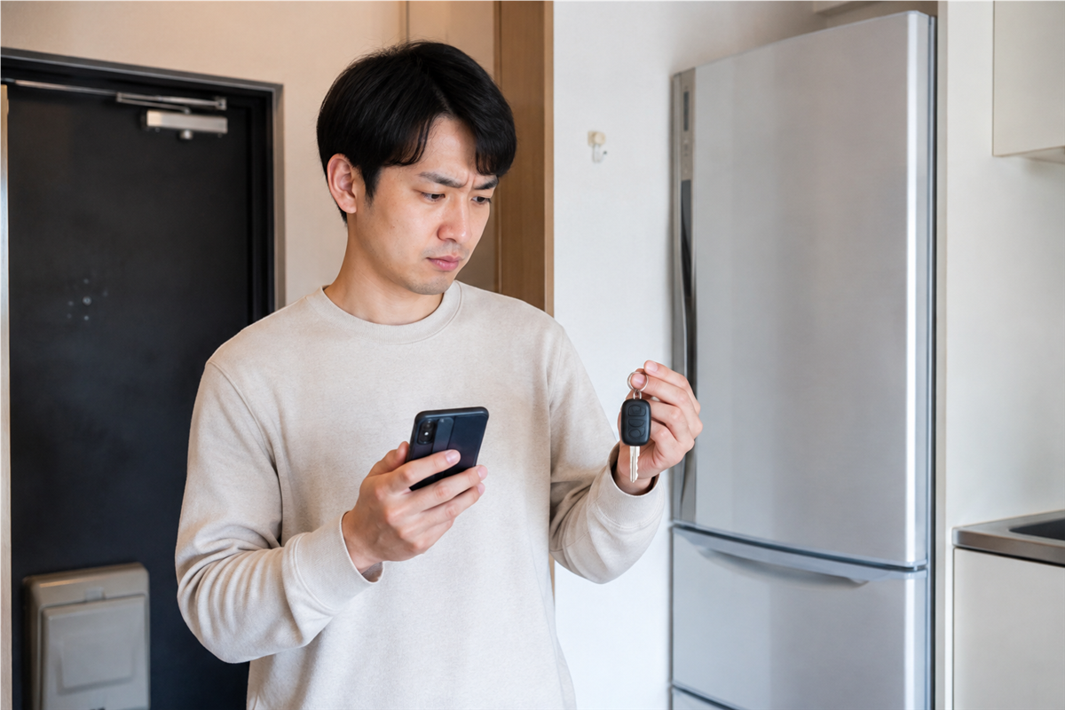 スマートフォンと車の鍵を前に冷蔵庫の運搬方法を検討する様子