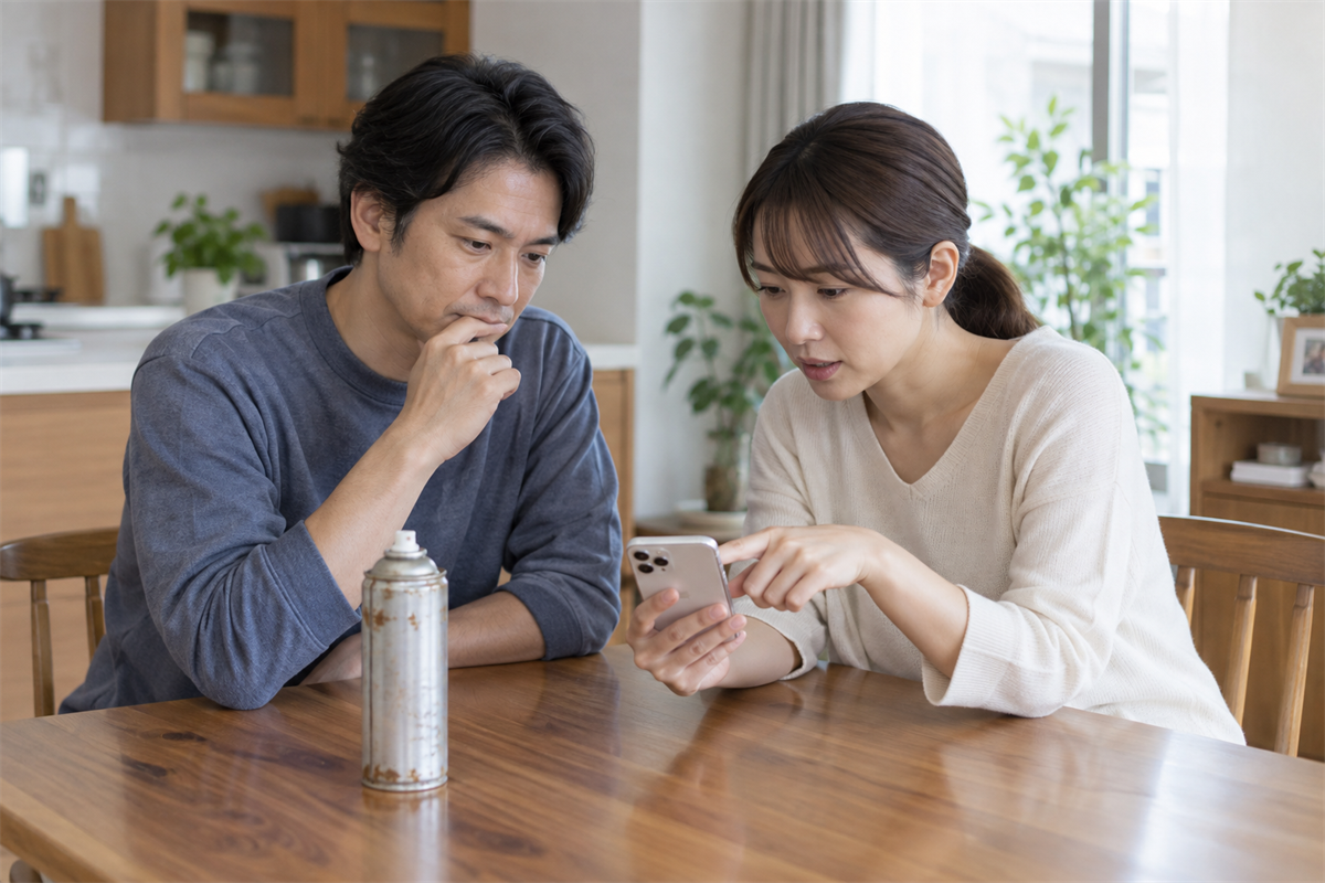 中身が残ったスプレー缶についてスマートフォンで相談する様子