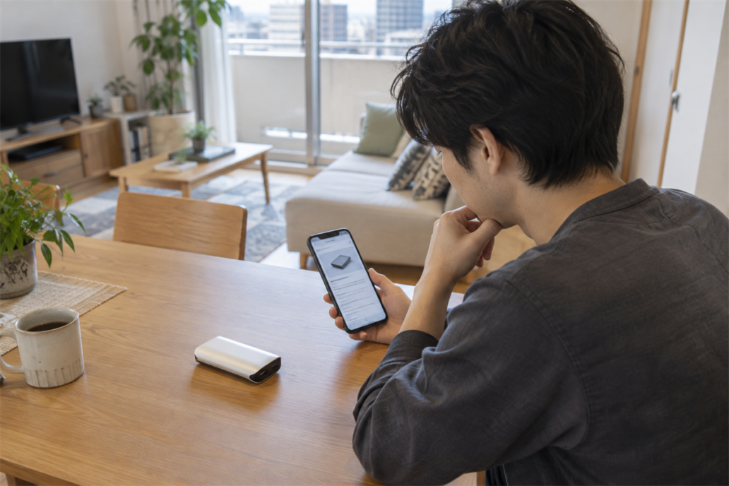 膨張したモバイルバッテリーを前に大阪市での処分方法を確認する様子