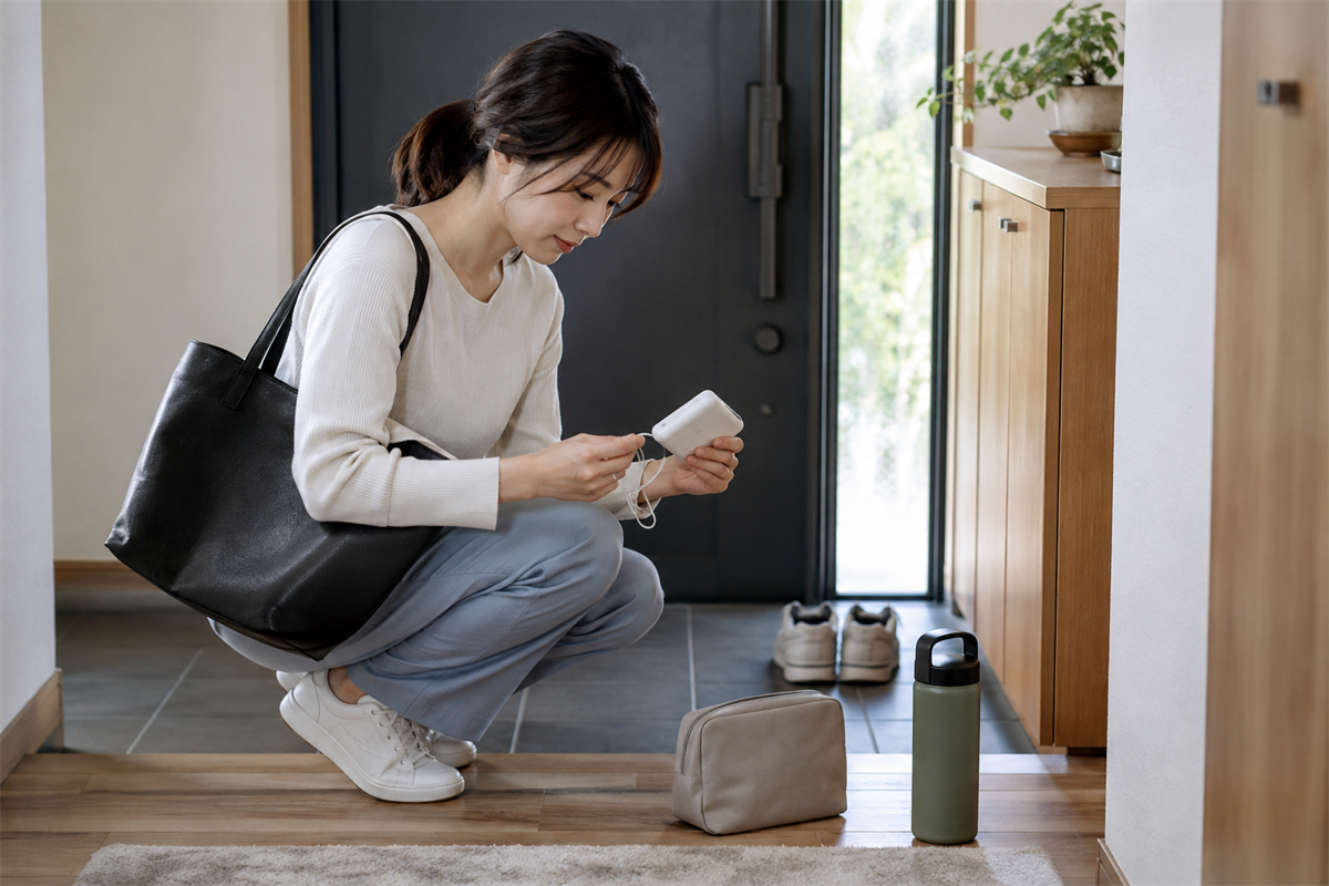 モバイルバッテリーを安定させて持込み前の状態を確認する様子