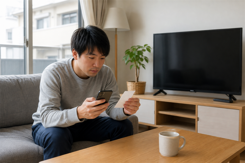 大阪市の住宅で不要なテレビの処分経路を調べる様子