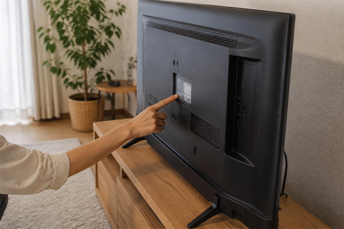 テレビ背面でメーカーや型番を確認する手元
