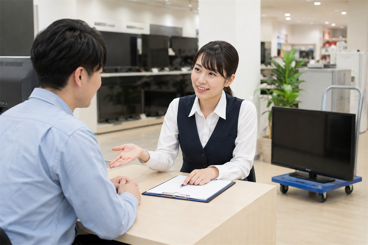 家電販売店でテレビの引取りについて相談する様子