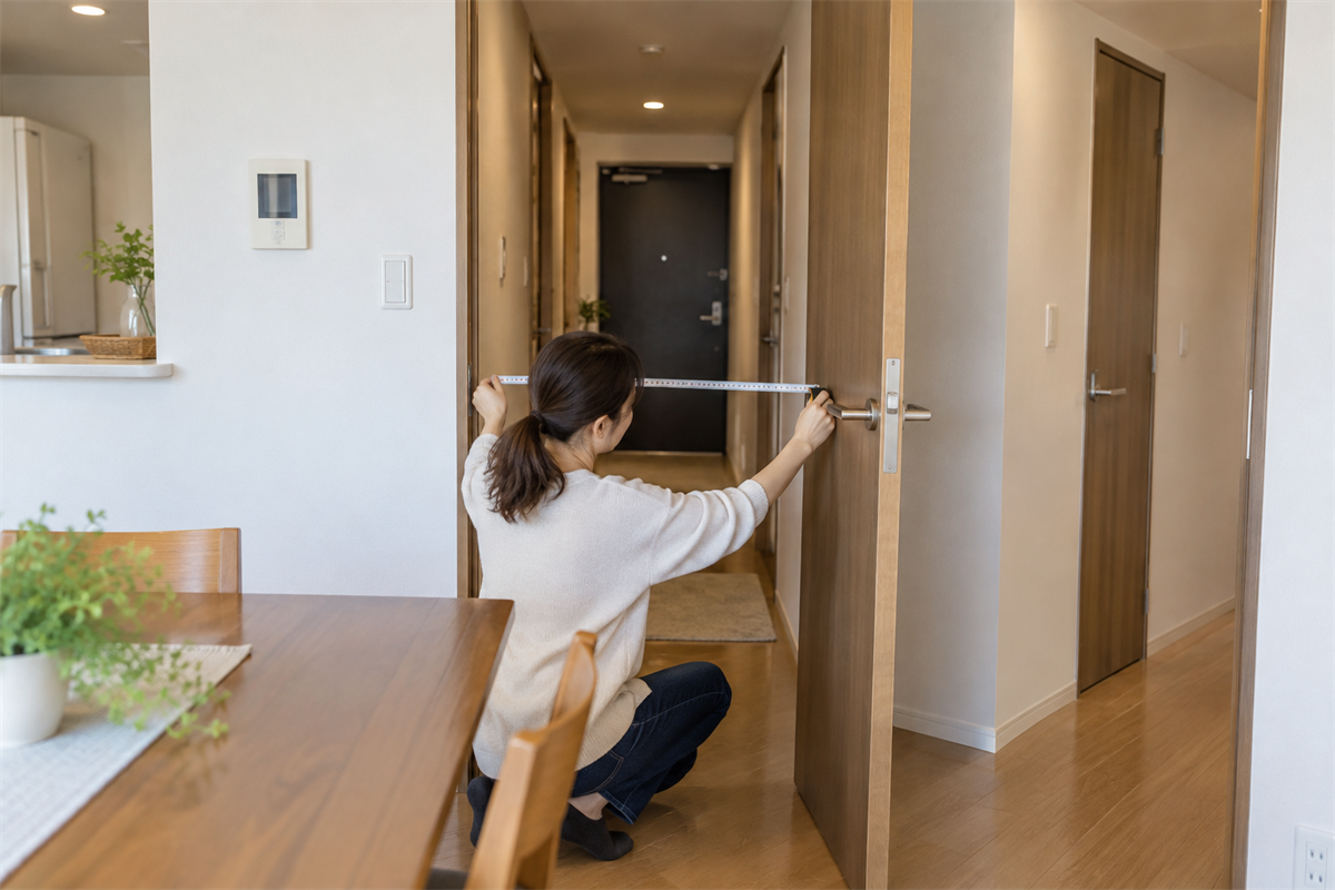 ダイニングから玄関までのドア幅と搬出経路を測る様子