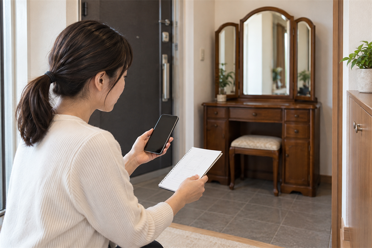鏡台の写真と採寸情報をそろえて処分相談を準備する様子